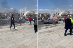 Panik anları kamerada! Drift atarken bir anda alev aldı